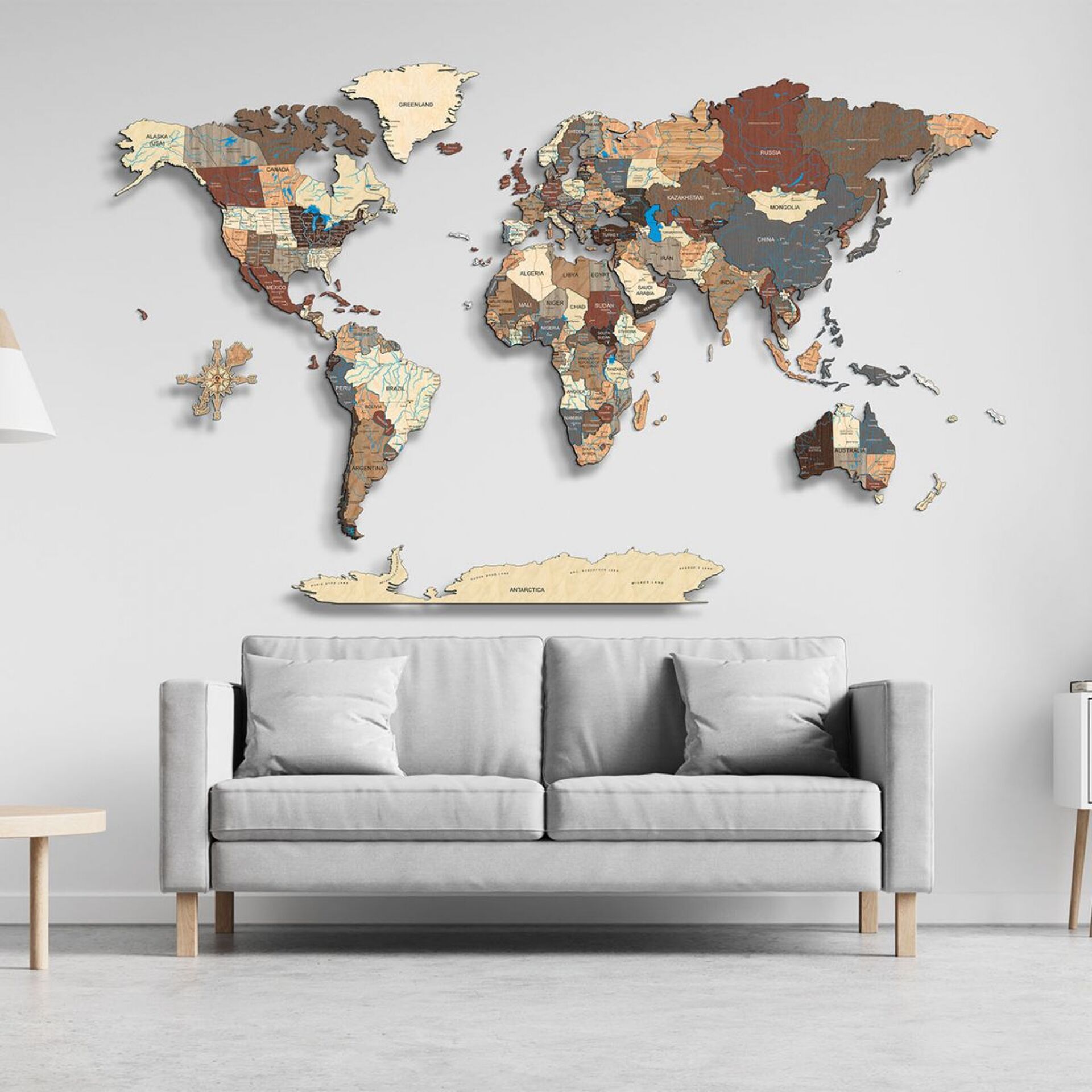 LED podsvietená 3D farebná drevená mapa sveta