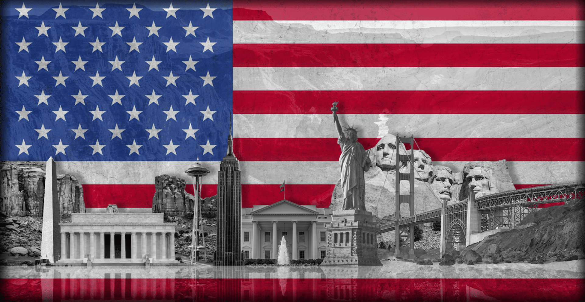 USA seinapilt taustvalgusega - lipp ja mälestusmärgid