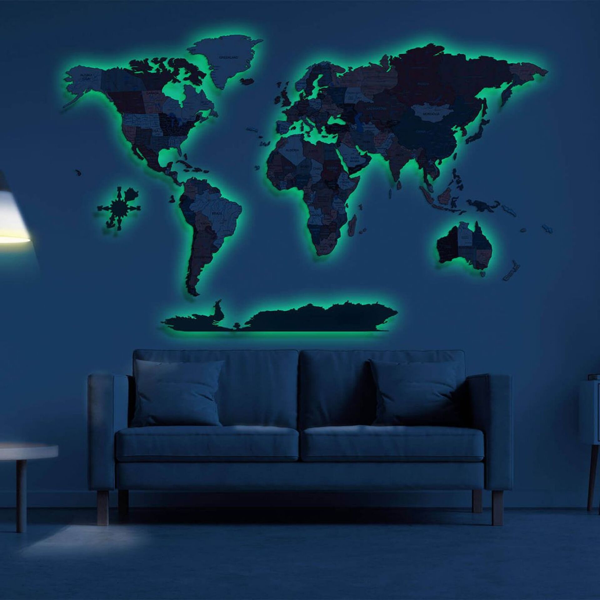 Mapamundi de madera iluminado con LED a todo color
