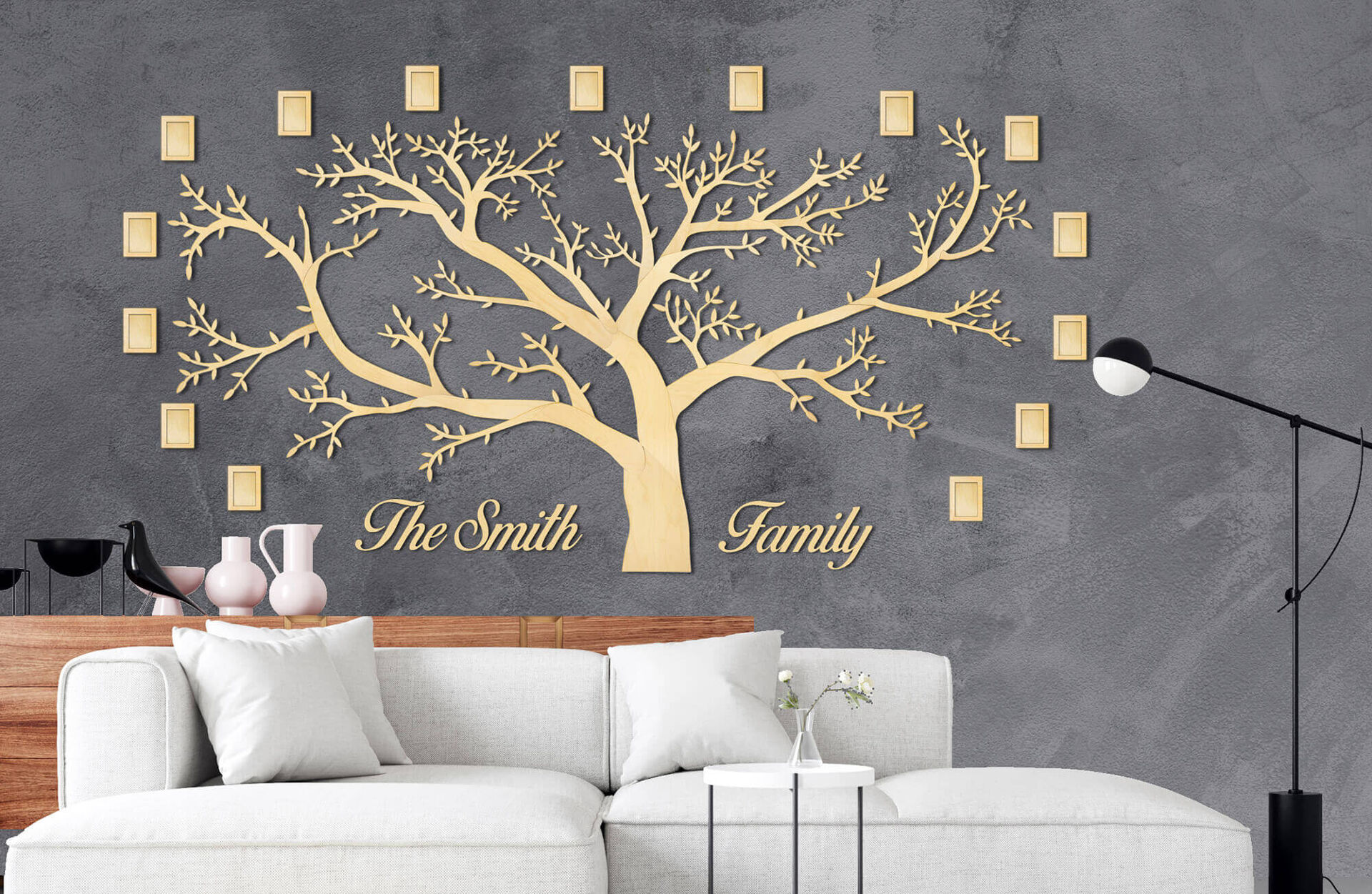 Дървено родословно дърво с 15 рамки за снимки