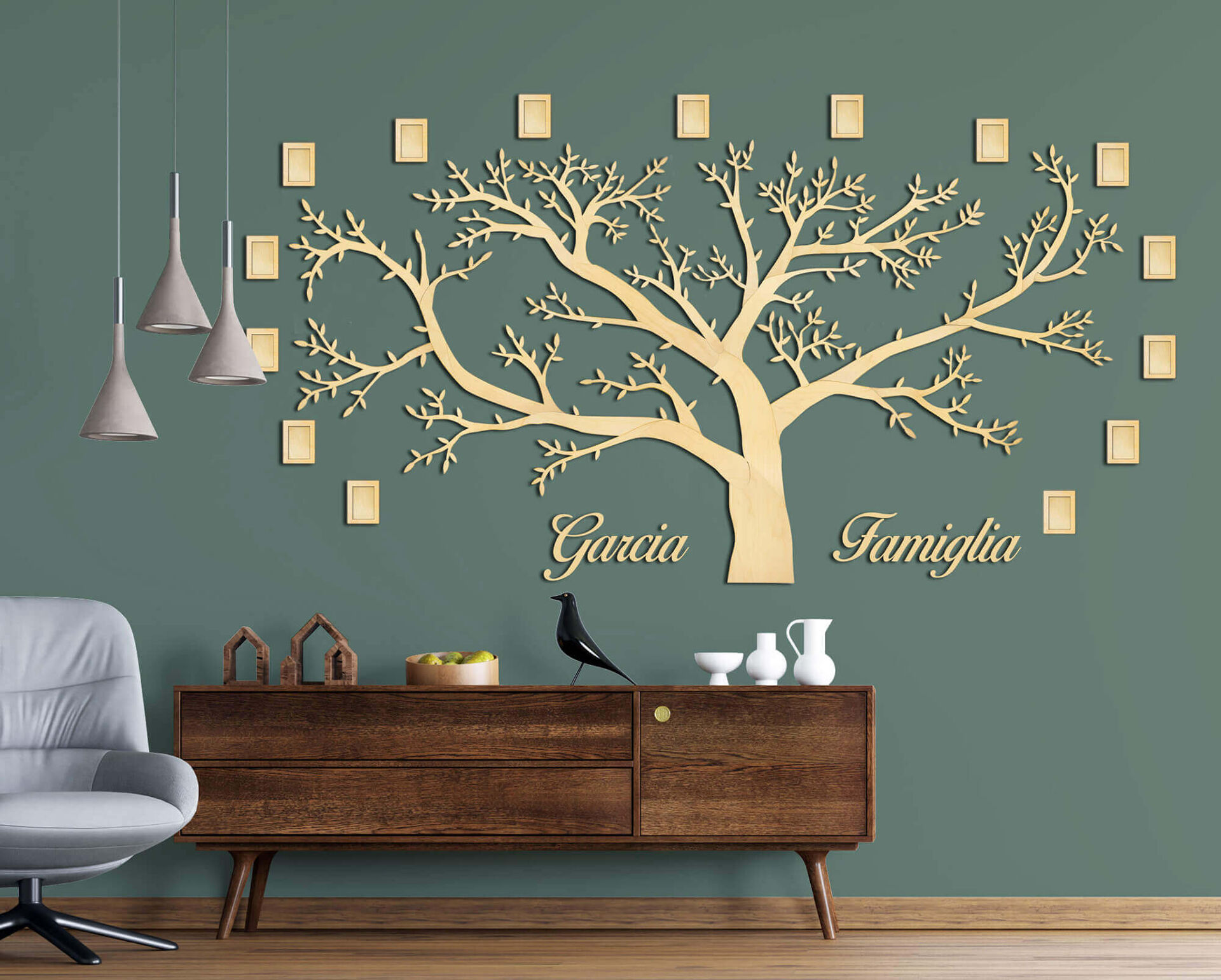 Дървено родословно дърво с 15 рамки за снимки