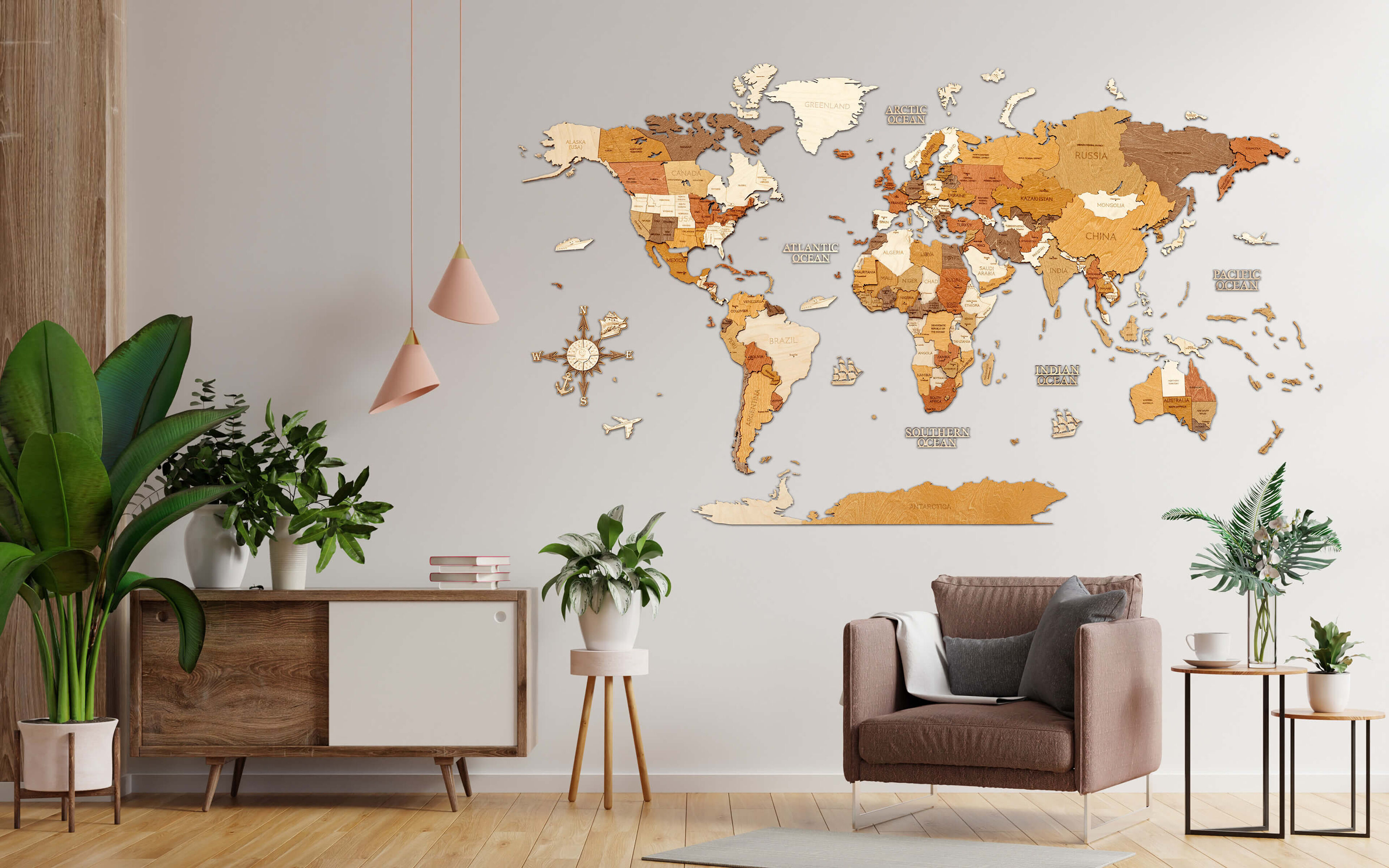 Nástenná drevená mapa sveta