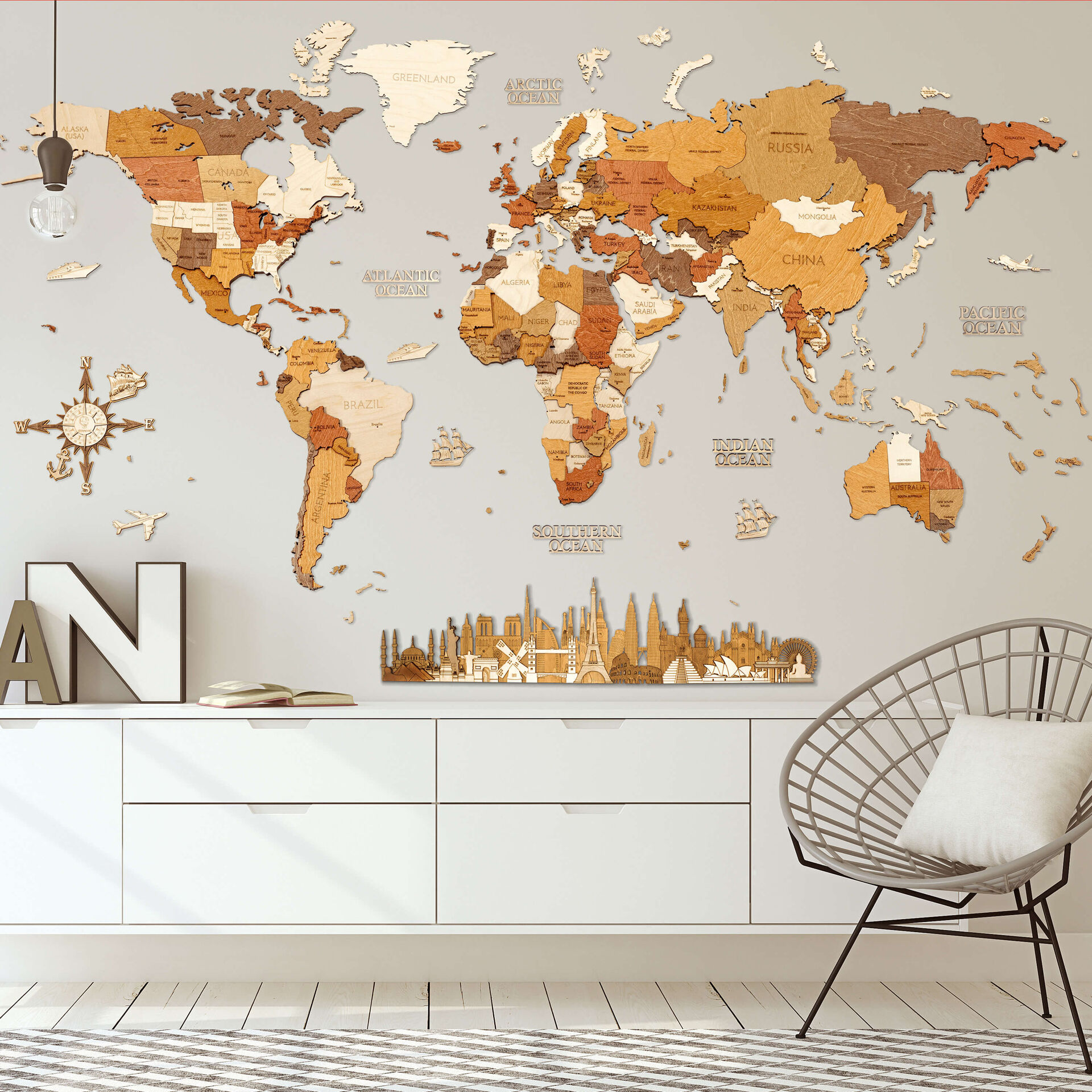 Wooden World Map Wall Decoration