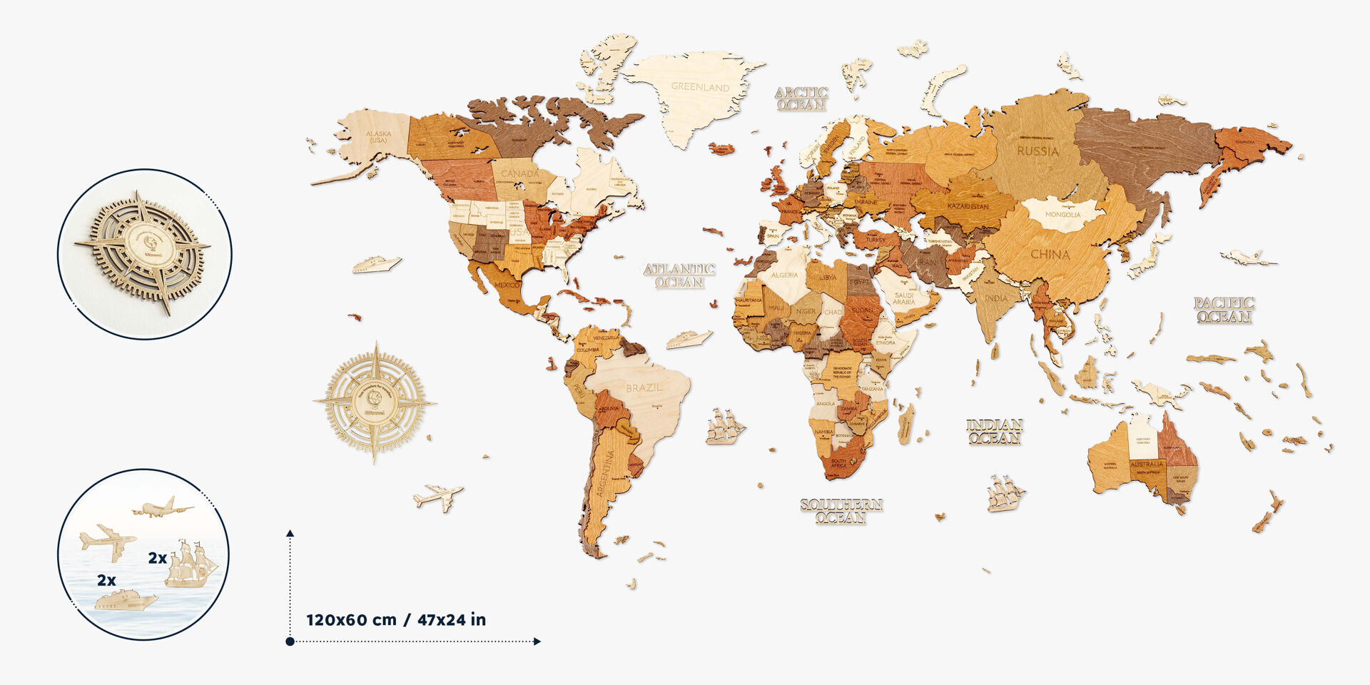 Carte du monde en bois - décoration murale