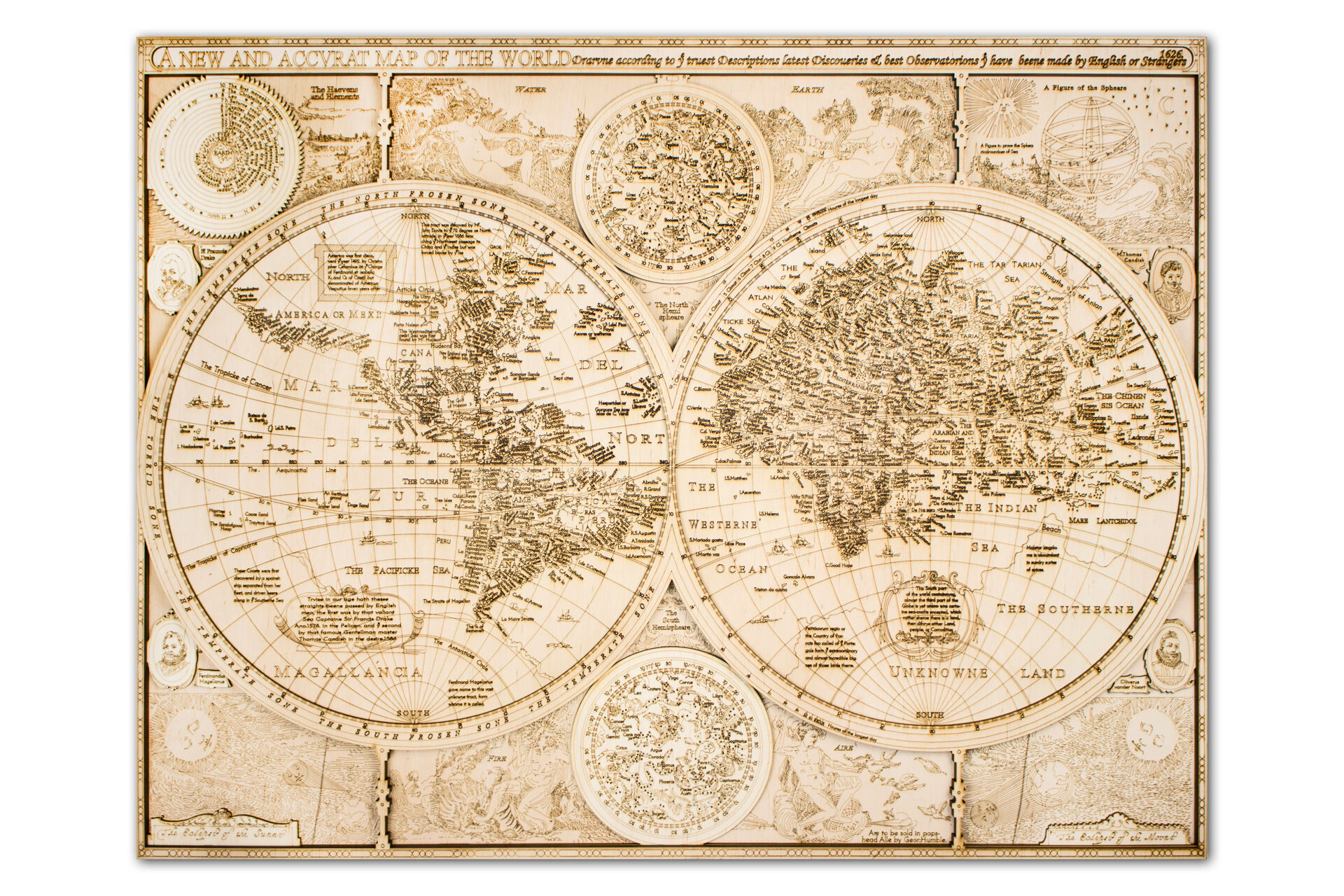 1626年の木製世界地図 - 84 x 64 cm