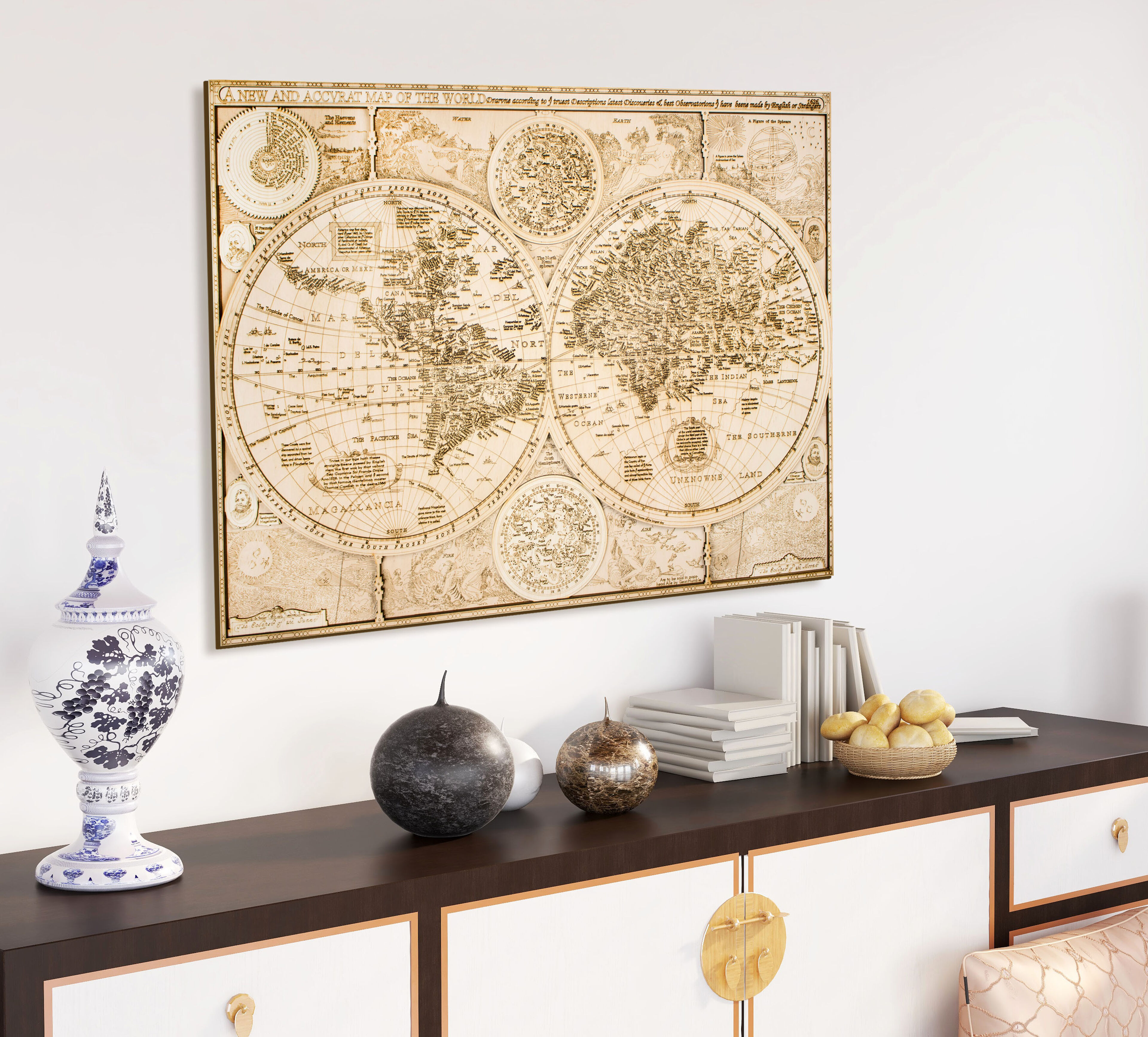 Historická drevená mapa sveta z roku 1626 - 84 x 64 cm