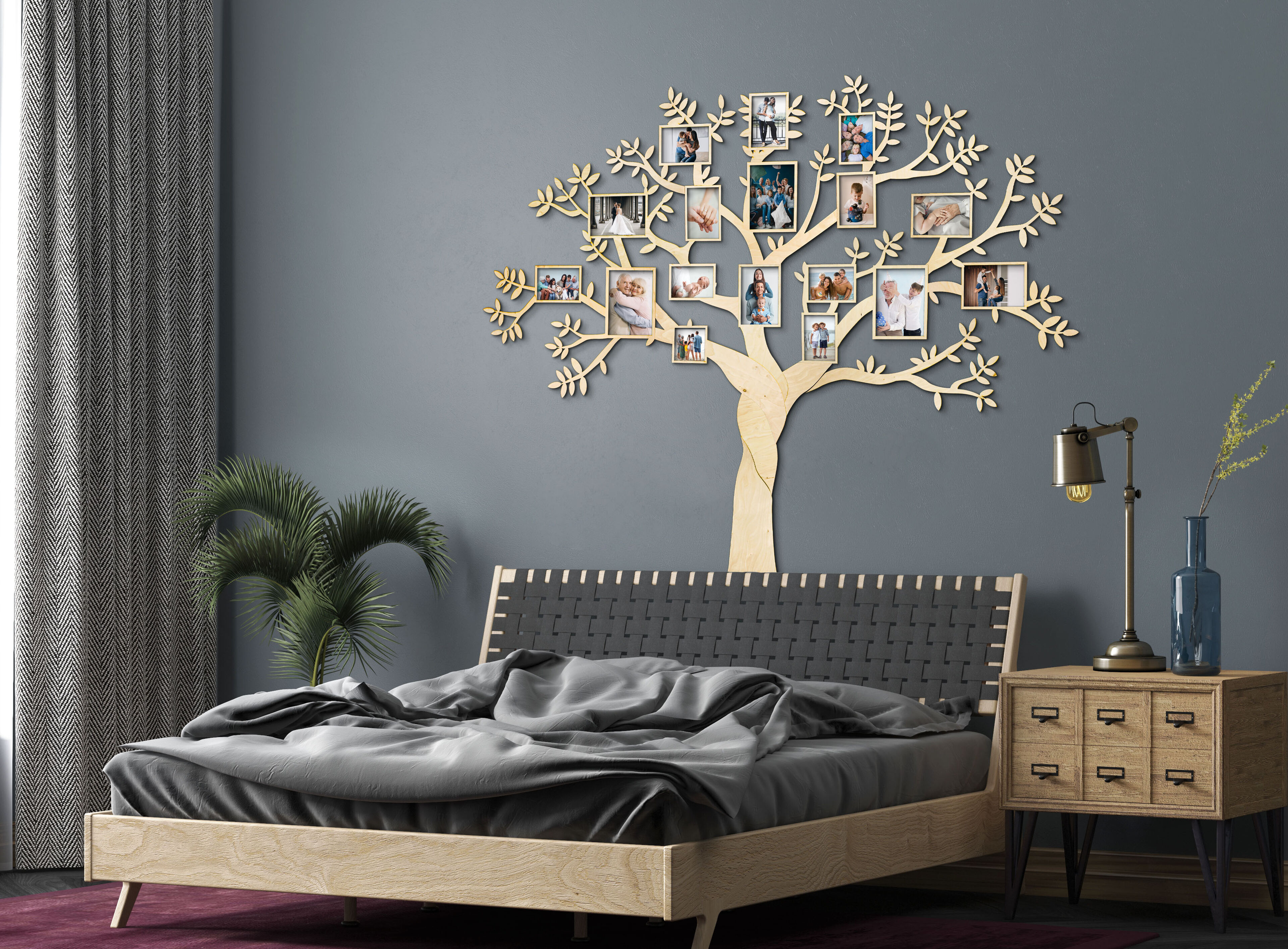 Árbol genealógico de madera con 17 marcos de fotos