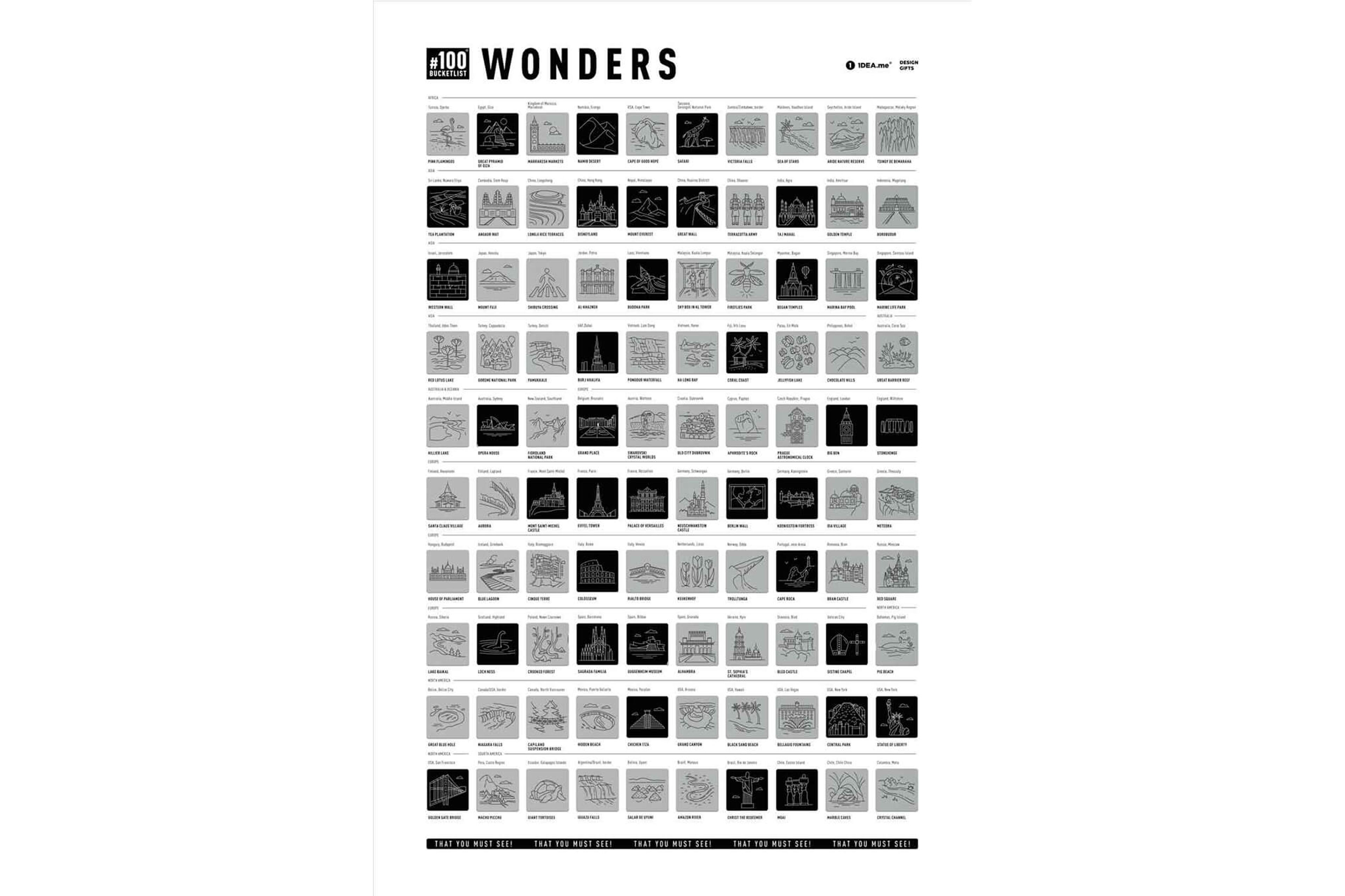 Stierací plagát  "Zaujímavosti" - 100Bucketlist WONDERS