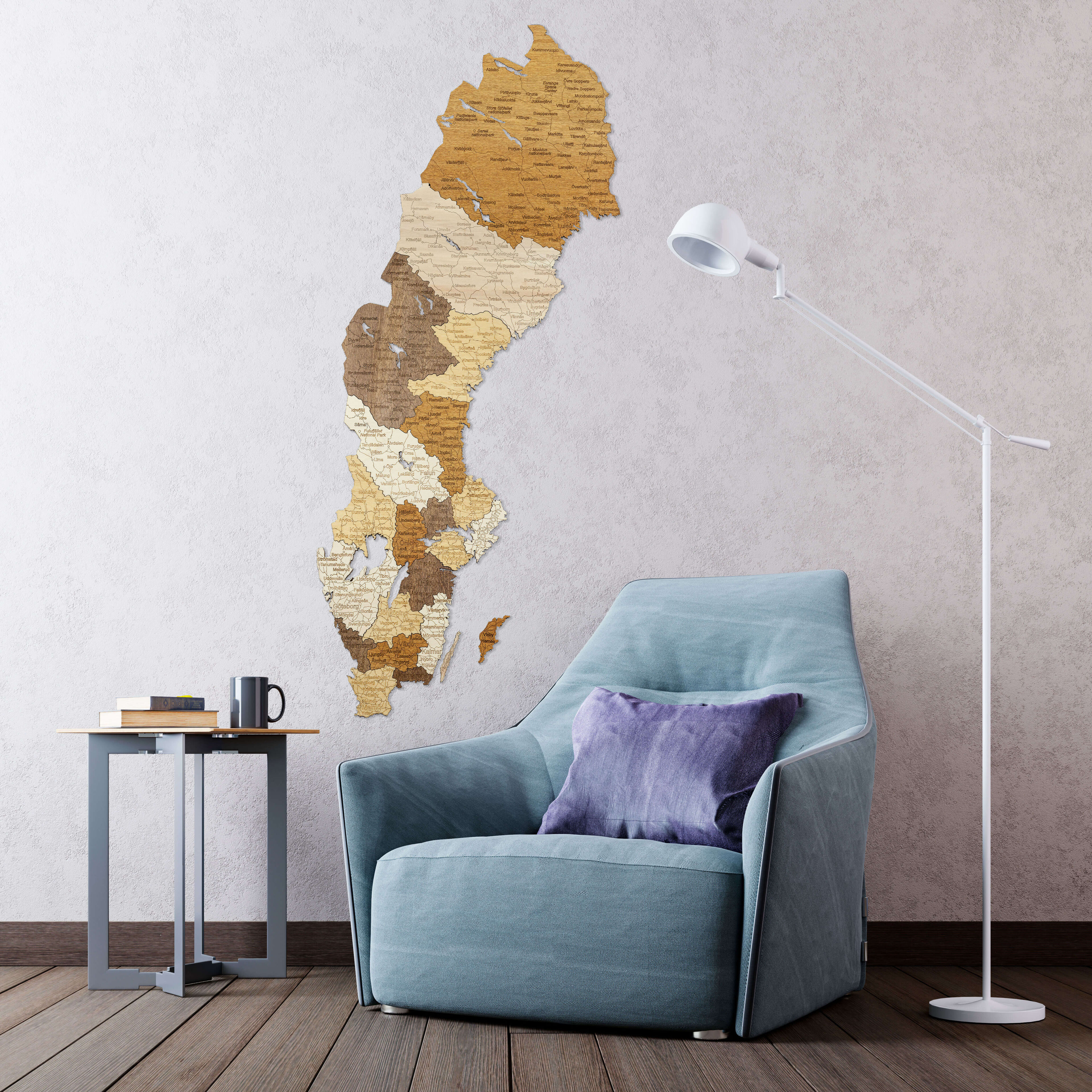 Švédsko dřevěná mapa