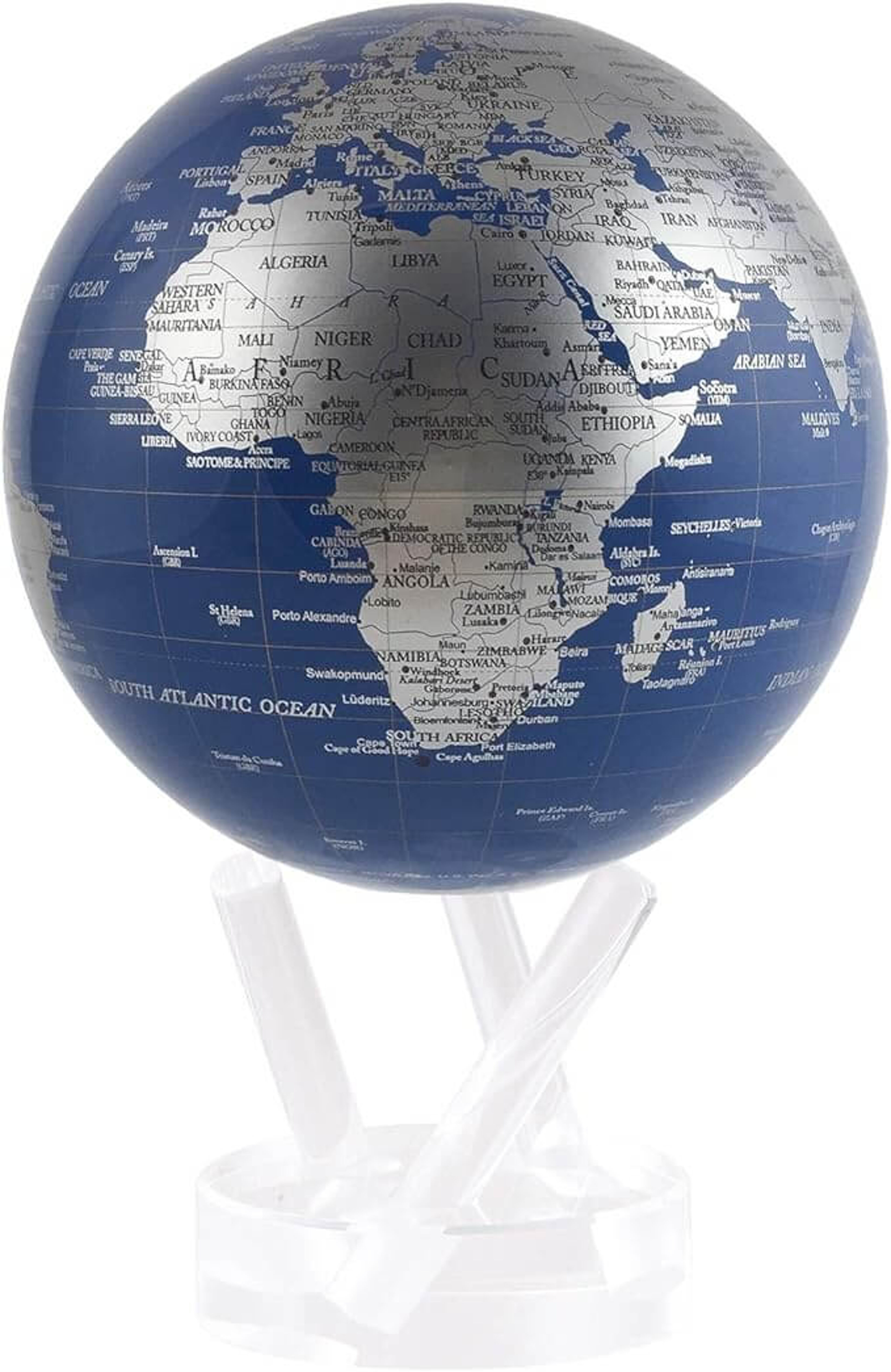 Samoobrotowy globus MOVA w kolorze metalicznego błękitu i srebra